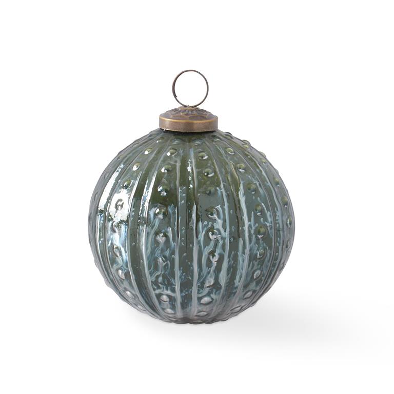 4 Inch Dark Green Glossy Dot Embossed Glass Ornament