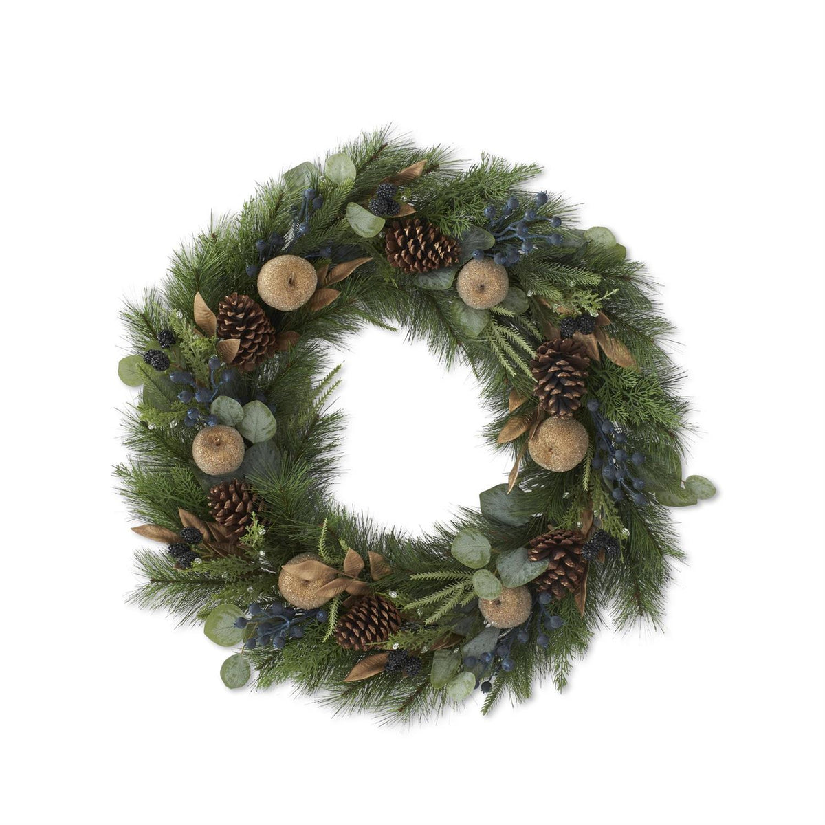 30 Inch Mixed Pine Wreath w/Gold Leaves & Apples