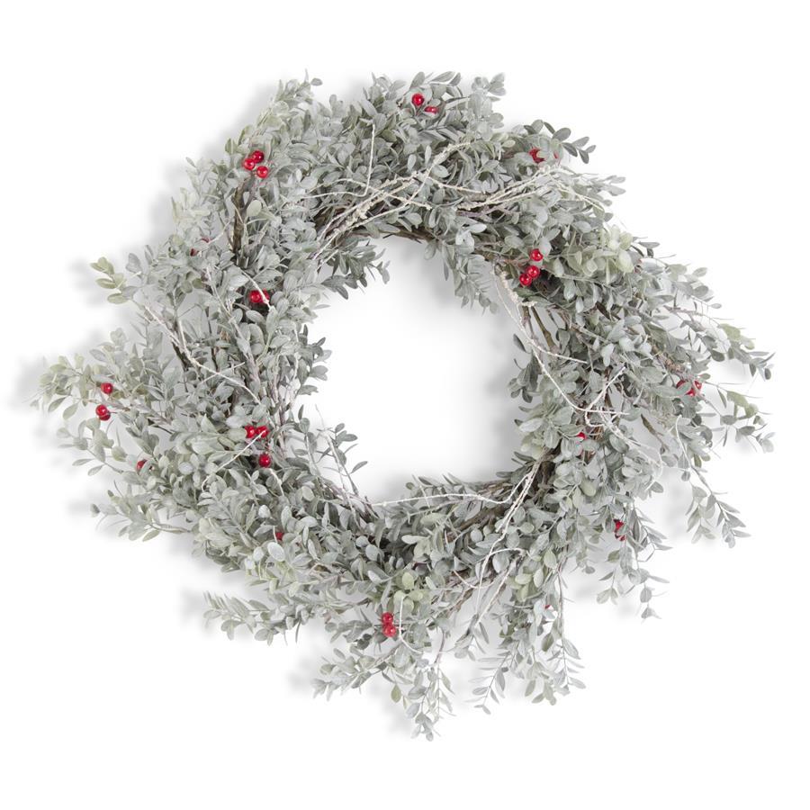 24 Inch Powdered Boxwood Wreath w/Red