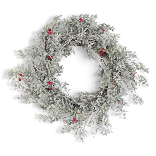 24 Inch Powdered Boxwood Wreath w/Red